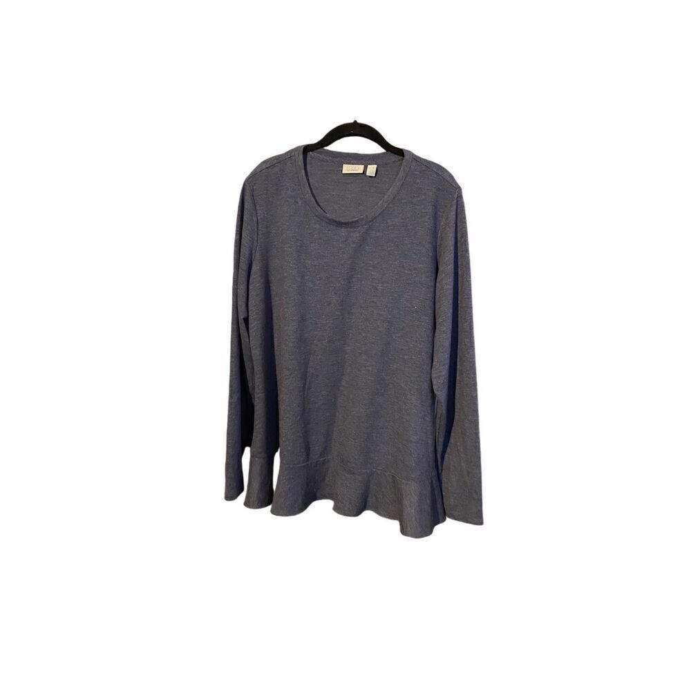 Logo by Lori Goldstein, long sleeve blue and black ruffle hem trimmed top size X